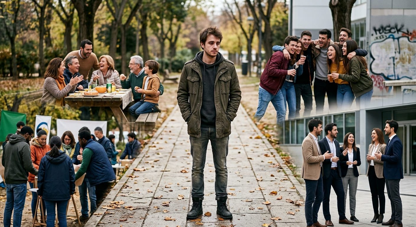 Imagen que representa la salida del armario como un camino hacia la aceptación, la salud mental y la resiliencia en la diversidad sexual, con un joven de fondo y elementos que simbolizan diferentes aspectos de la identidad de género y la orientación sexual.