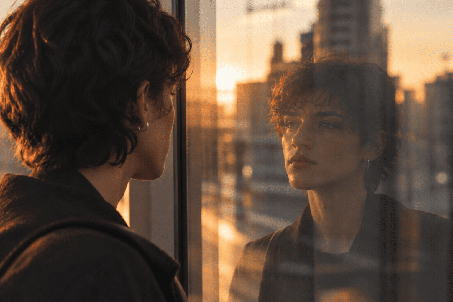 Una mujer cis contempla su reflejo en una ventana durante el atardecer, evocando introspección sobre la identidad de género.
