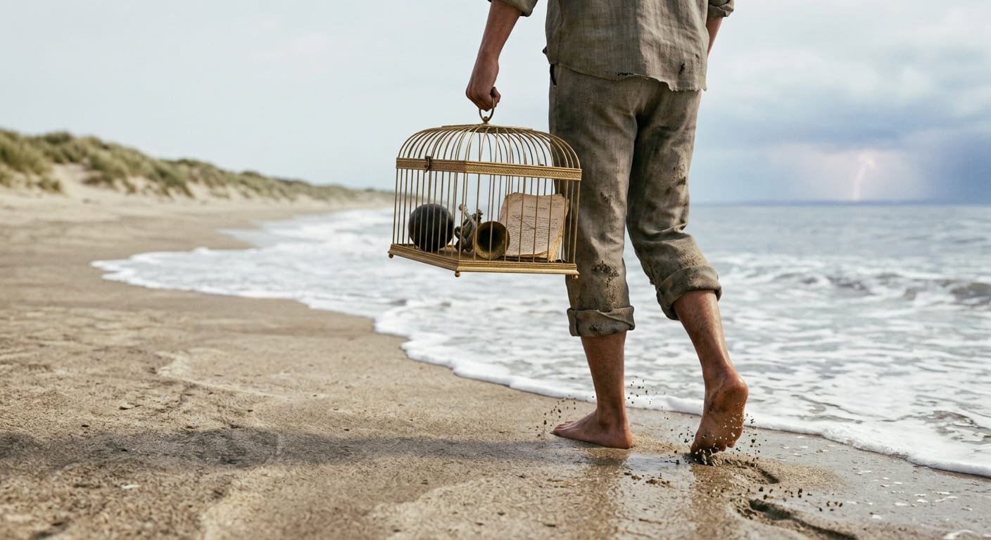 Una jaula de oro con una bola negra, una trompeta y un manuscrito en su interior, llevada a mano por una persona descalza en una playa.