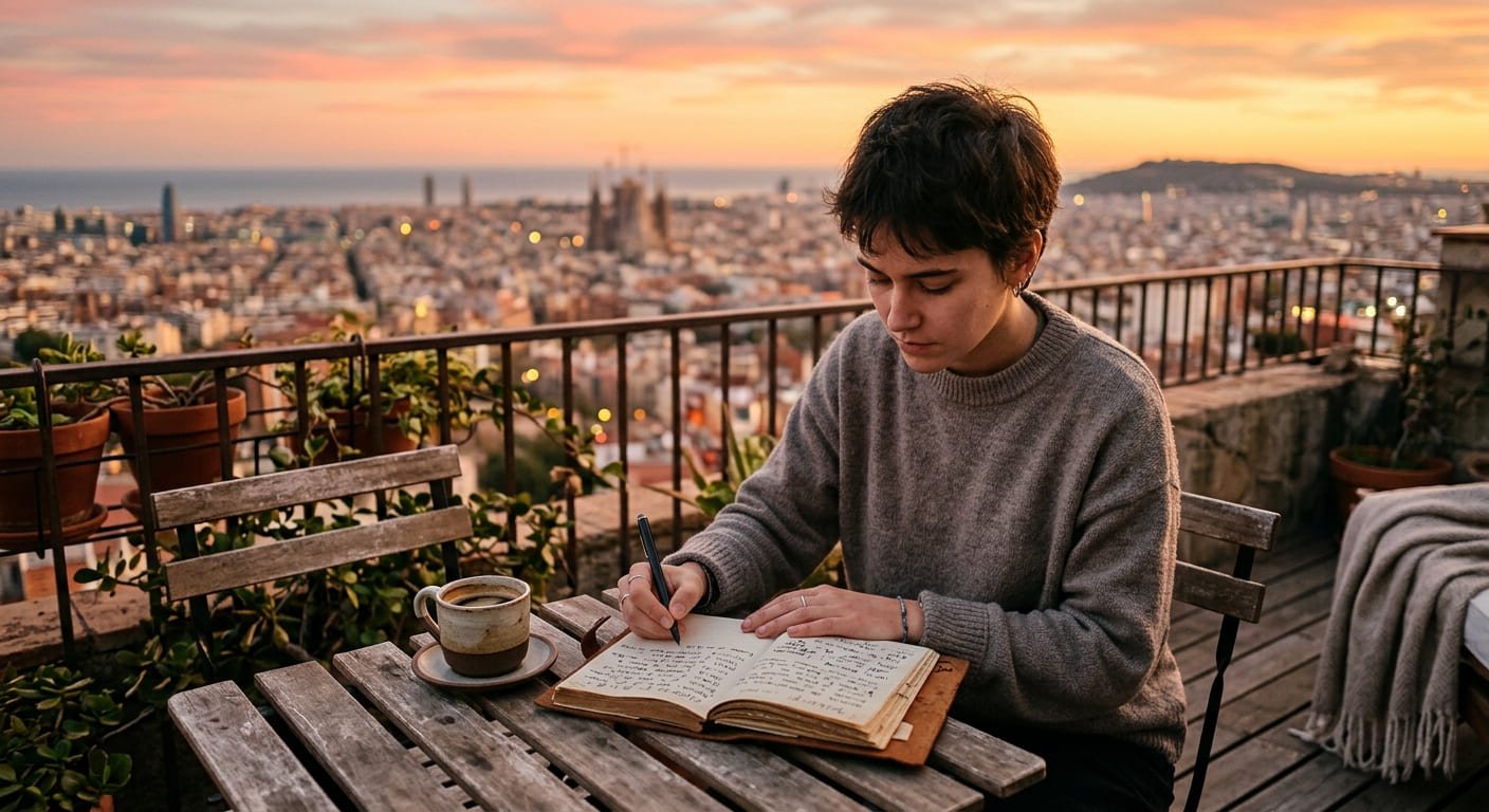 Persona LGTBIQ+ escribiendo en un diario durante un proceso de exploración de identidad al atardecer.