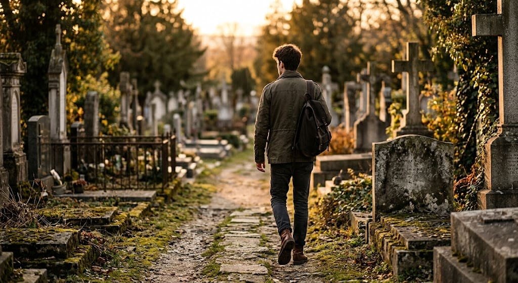 Un joven camina de espaldas por el sendero de un cementerio durante el atardecer, representando el recorrido emocional y las fases del duelo tras una pérdida.