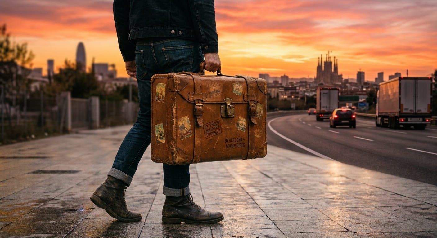 Joven de espaldas cargando una maleta de cuero clásica hacia la gran ciudad al atardecer, representando el sexilio y el desarraigo LGTBIQ+.